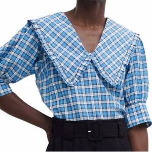 Ganni Seersucker Organic Cotton Oversized Collar Shirt